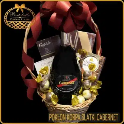 Poklon korpa Slatki Cabernet sa crvenim vinom, bajaderom i Ferrero čokoladom