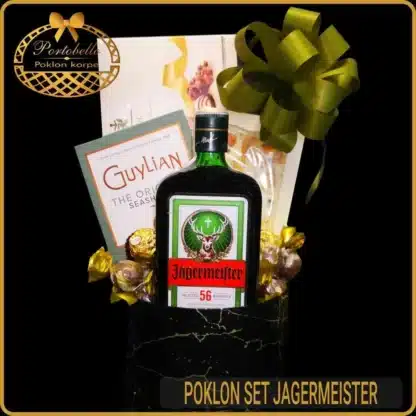 Poklon set Jägermeister sa likerom, čokoladama i ukrasnom kutijom sa zelenom mašnom