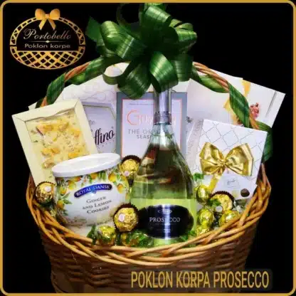 poklon korpa sa prosecco vinom i čokoladama