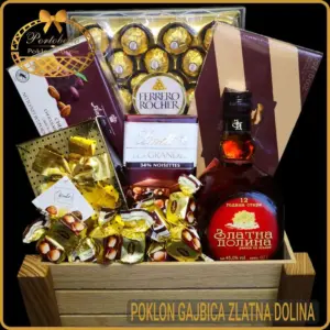 poklon gajbica zlatna dolina sa rakijom i čokoladama