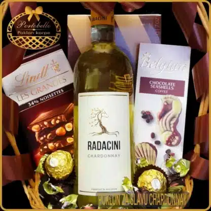 Poklon za slavu sa belim vinom Radacini Chardonnay i premium čokoladama