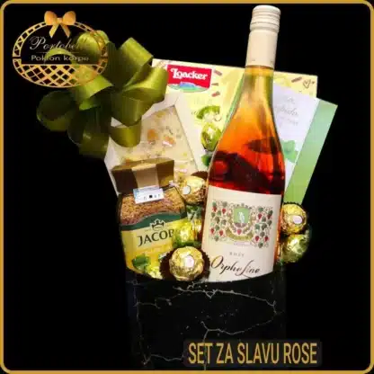 Set za slavu Rose sa Kovačević Rose vinom, kafom Jacobs i čokoladama u crnoj ukrasnoj kutiji sa zelenom mašnom