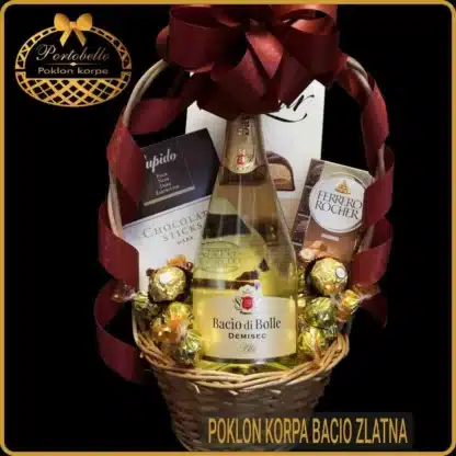 Poklon korpa Bacio Zlatna sa vinom i čokoladnim poslasticama u pletenoj korpi