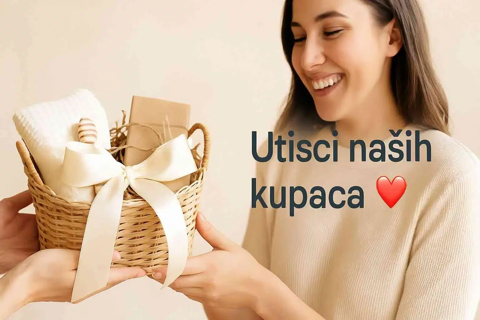 utisci kupaca kupac prima poklon korpu sa osmehom i zlatnom masnom