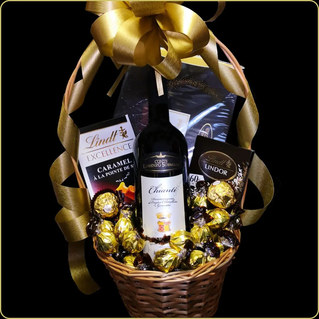 poklon korpa sa chianti vinom i lindt cokoladama