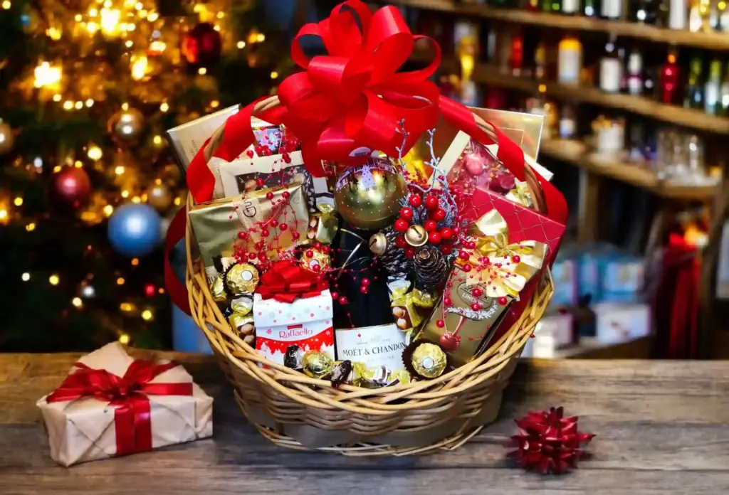 novogodišnja poklon korpa sa šampanjcem, čokoladama i prazničnim dekoracijama ispred okićene jelke