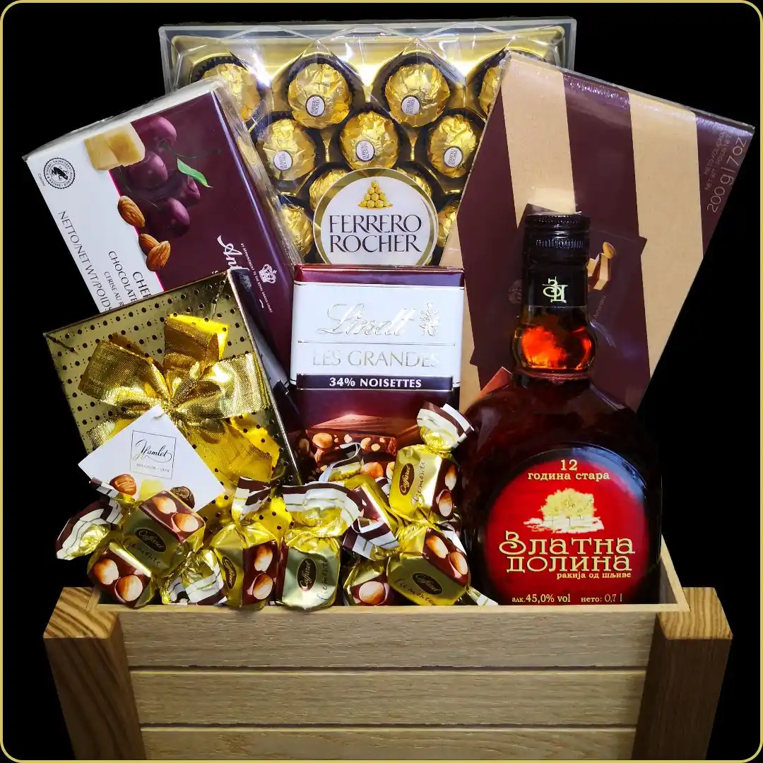 poklon gajbica zlatna dolina sa rakijom i čokoladom za muškarca