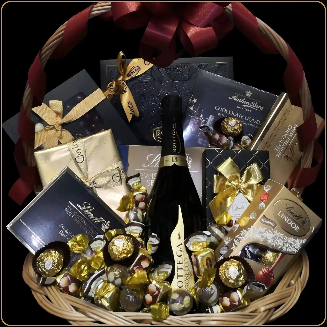 poklon korpa sa bottega šampanjcem i luksuznim cokoladama