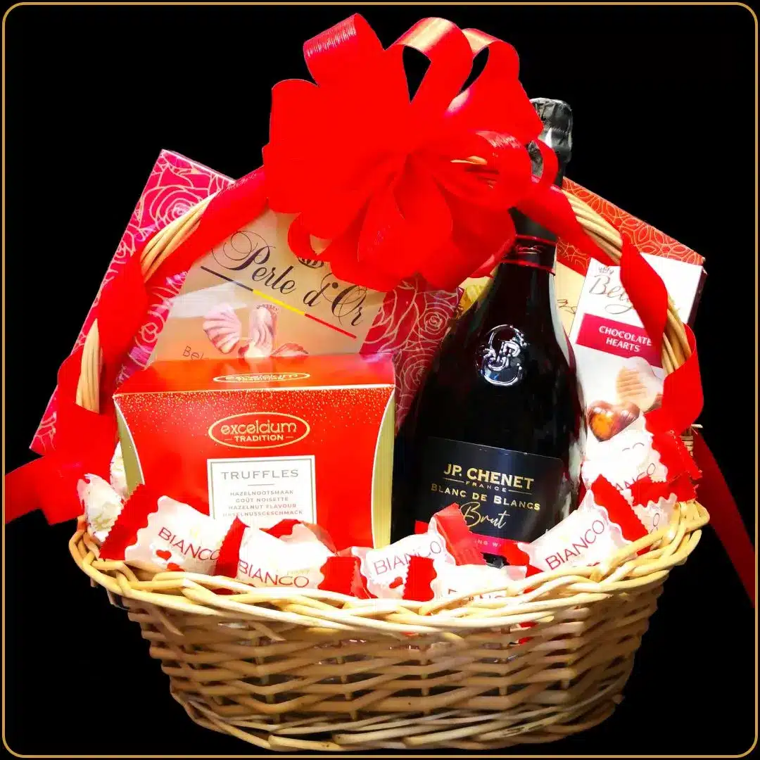 poklon korpa brut blansh sa penušavim vinom i belgijskom čokoladom