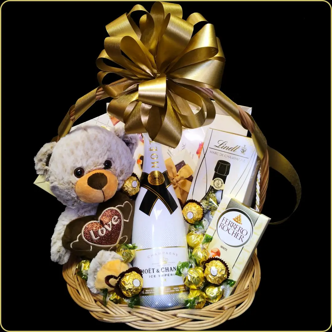 poklon korpa do neba zvezda sa moet sampanjcem i luksuznim cokoladama za zene