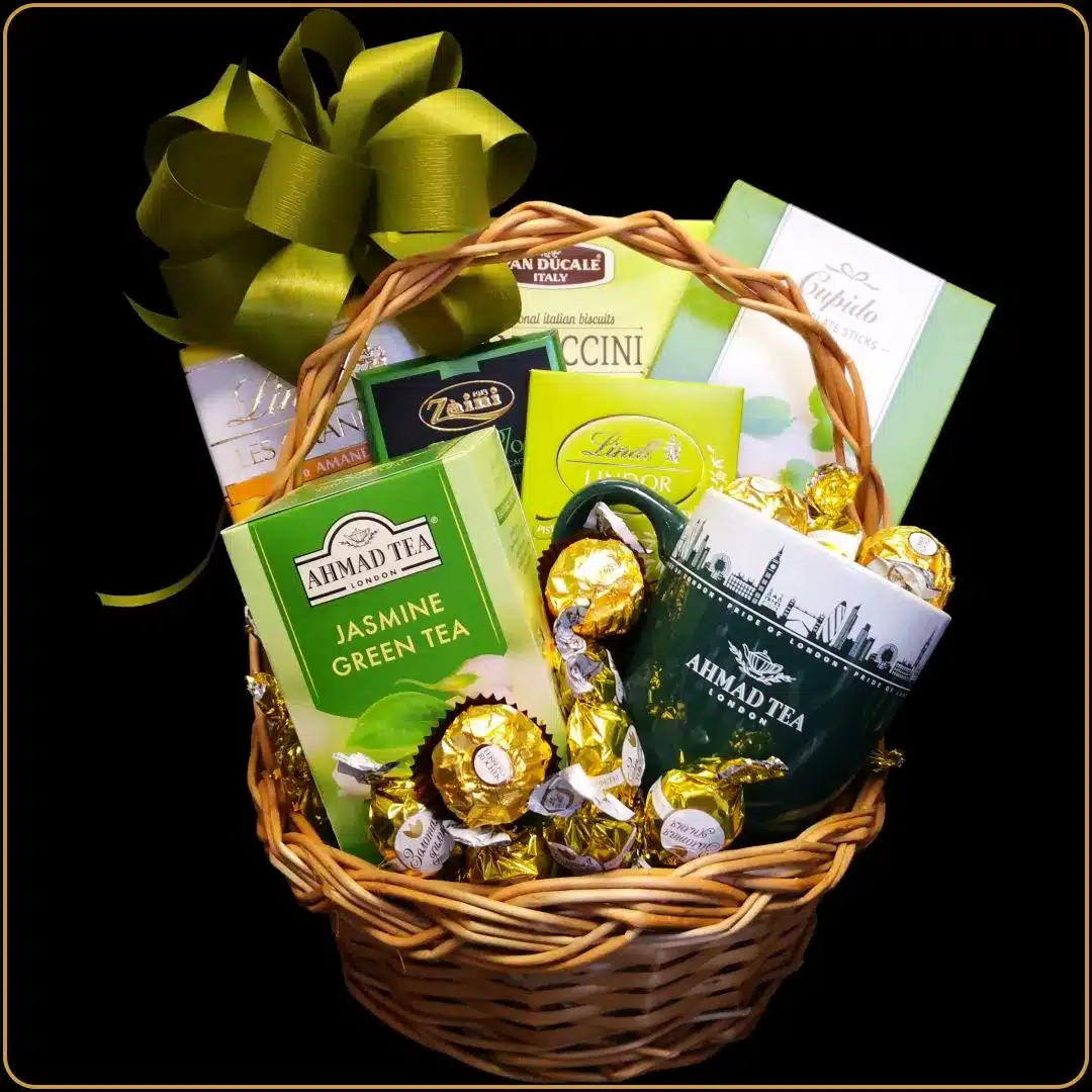 poklon korpa jasmine romance sa čajem i čokoladom bez alkohola