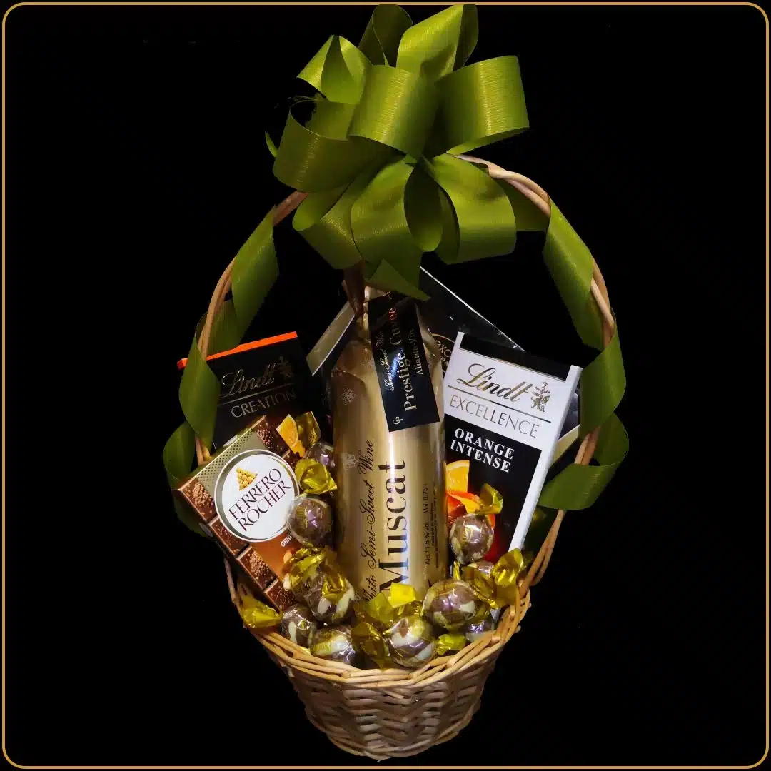 poklon korpa sa vinom i čokoladama muscat dor