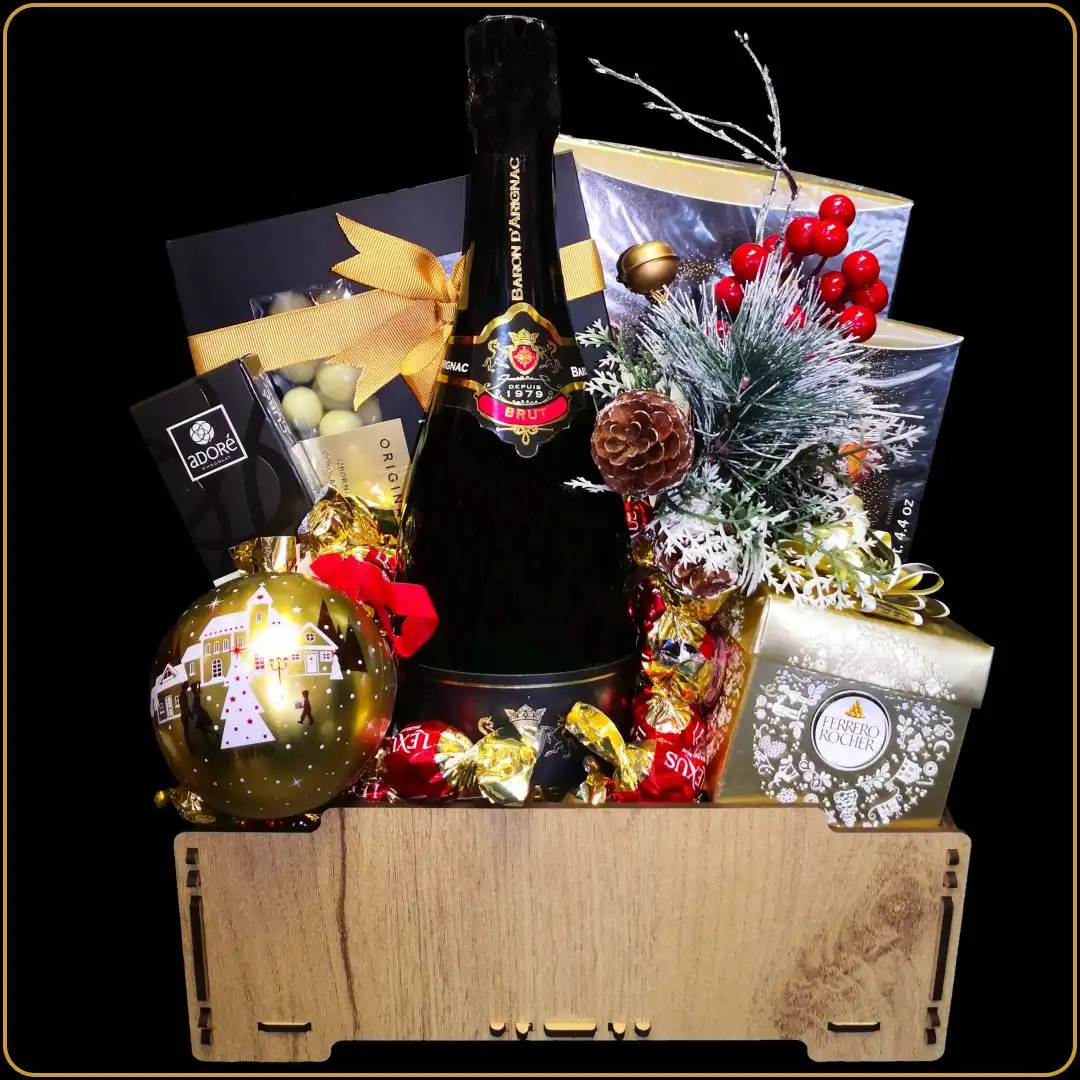 novogodisnji poklon gajbica sa sampanjcem i cokoladom