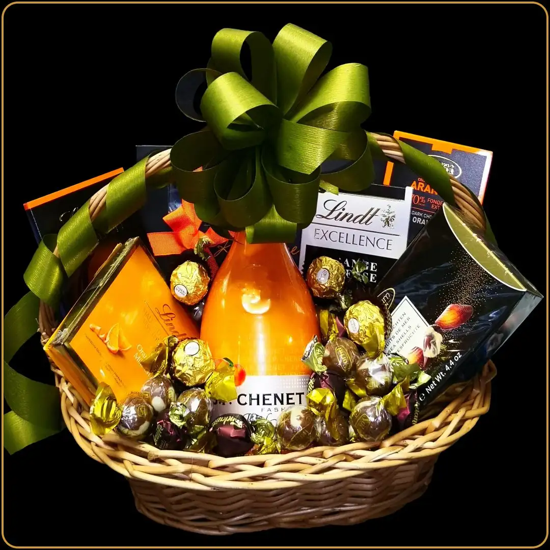 poklon korpa chenet peach sa vinom i cokoladama za zene
