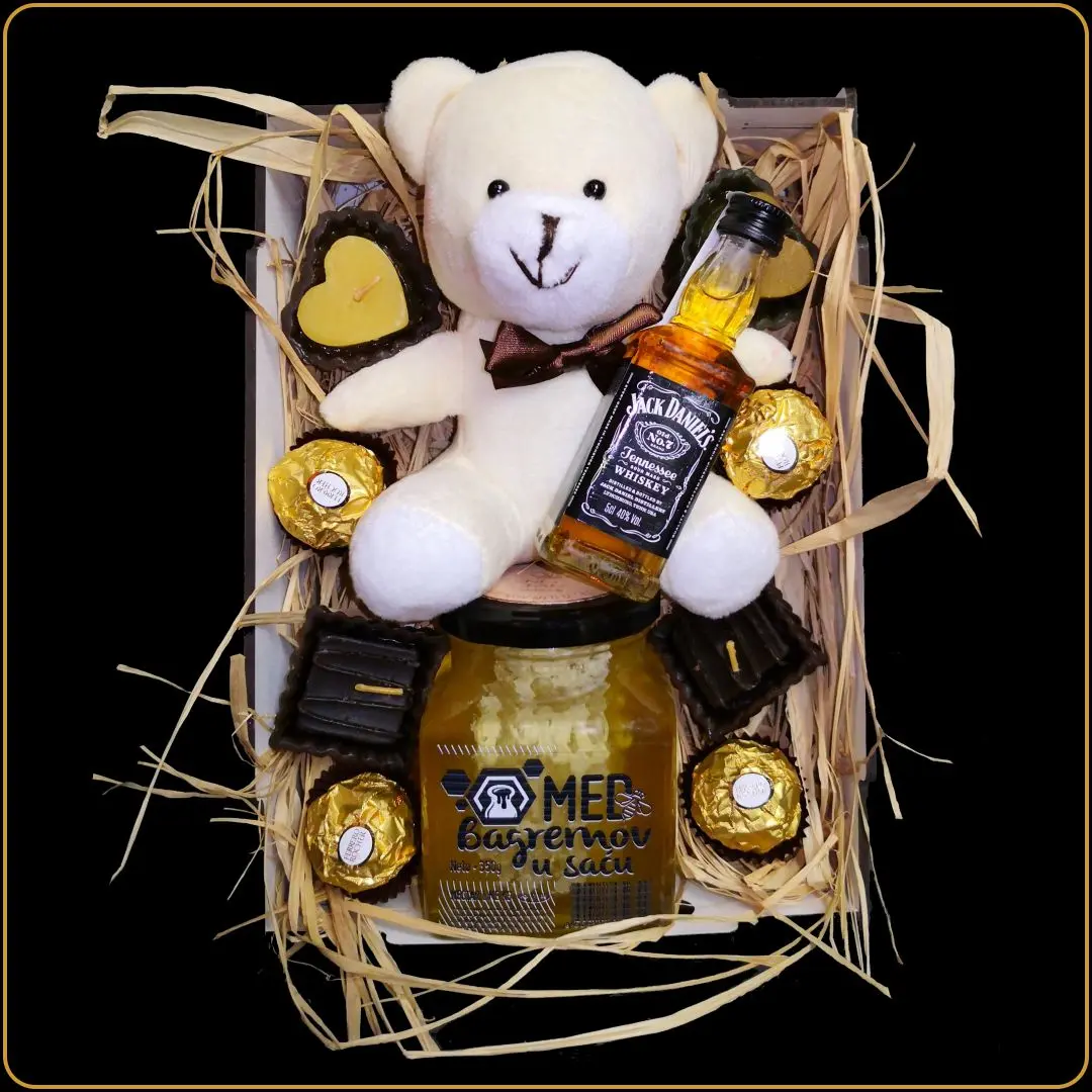 poklon set medeni meda sa viskijem medom i plisanom igrackom