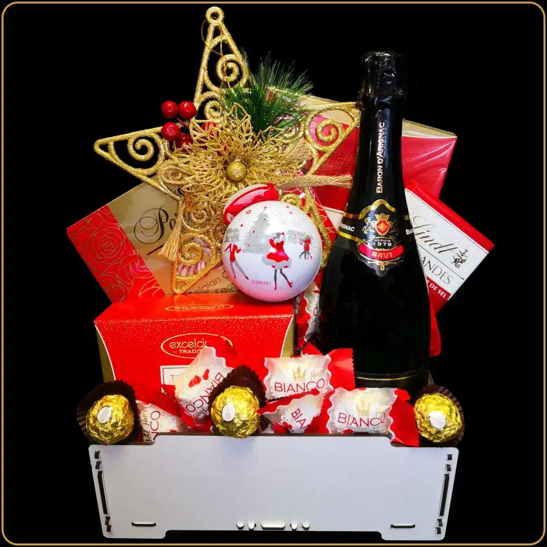 poklon gajbica baron sa penušavim vinom i čokoladama za novu godinu