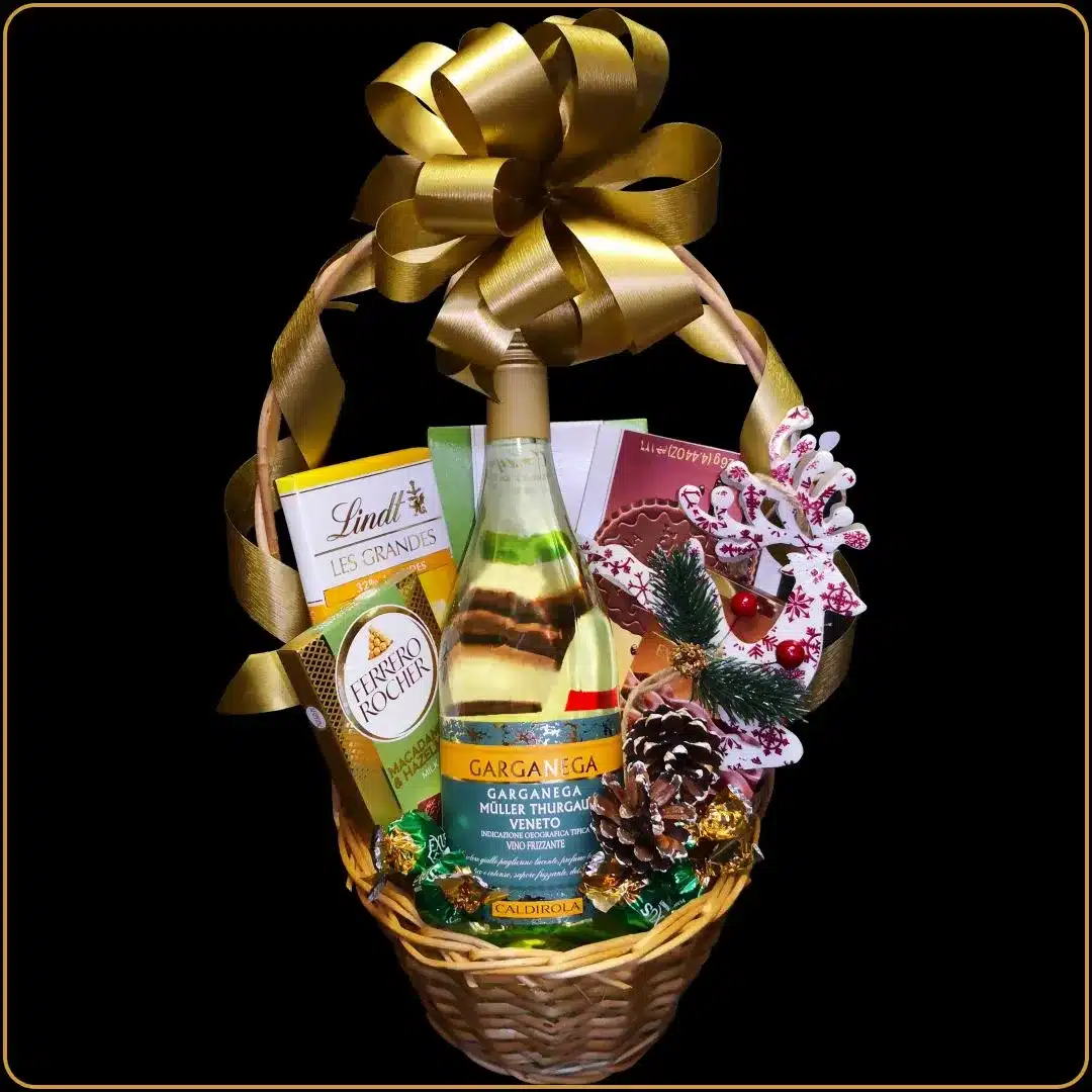 novogodišnji poklon muller korpa sa vinom i čokoladama