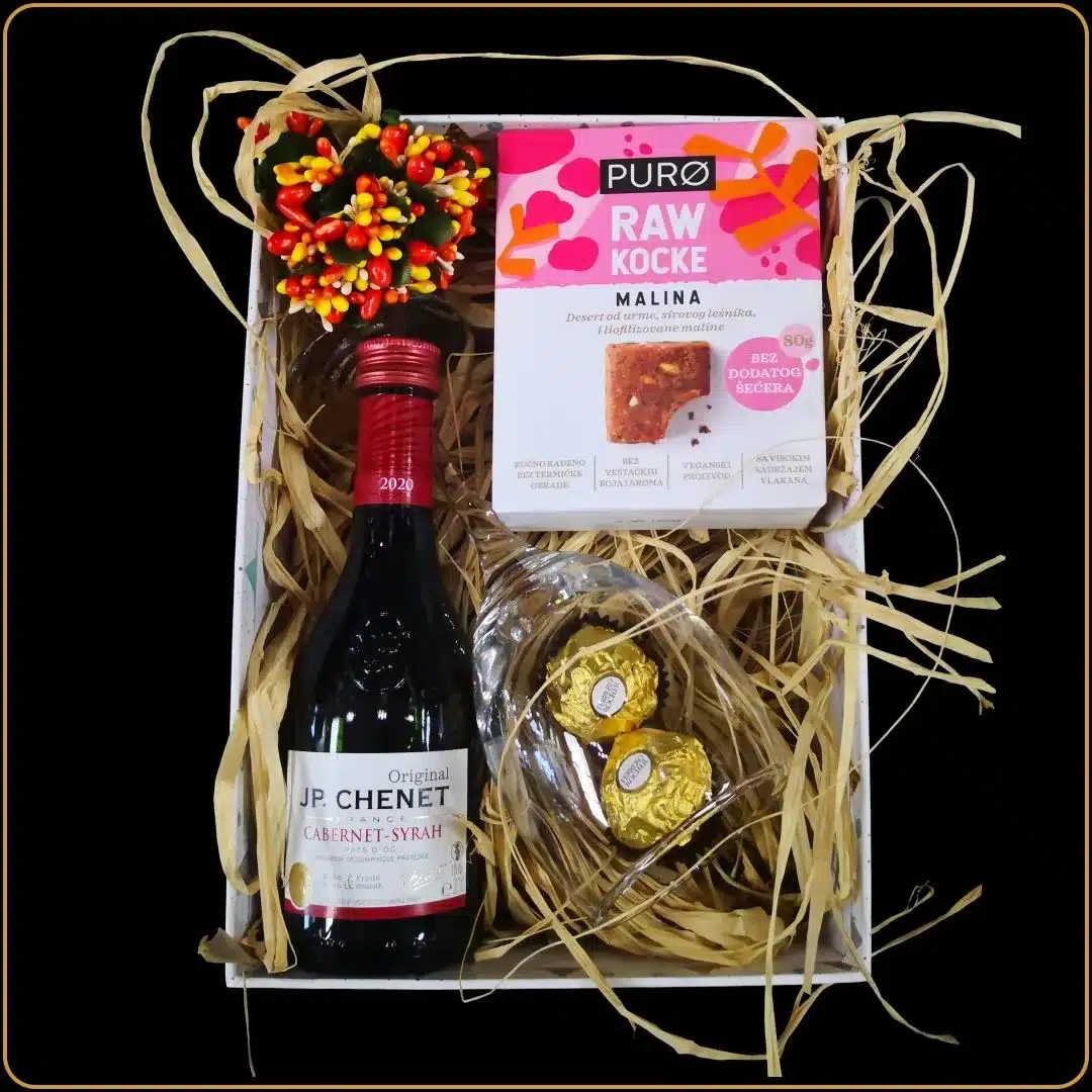 poslovni poklon syrah sa crvenim vinom i čokoladom