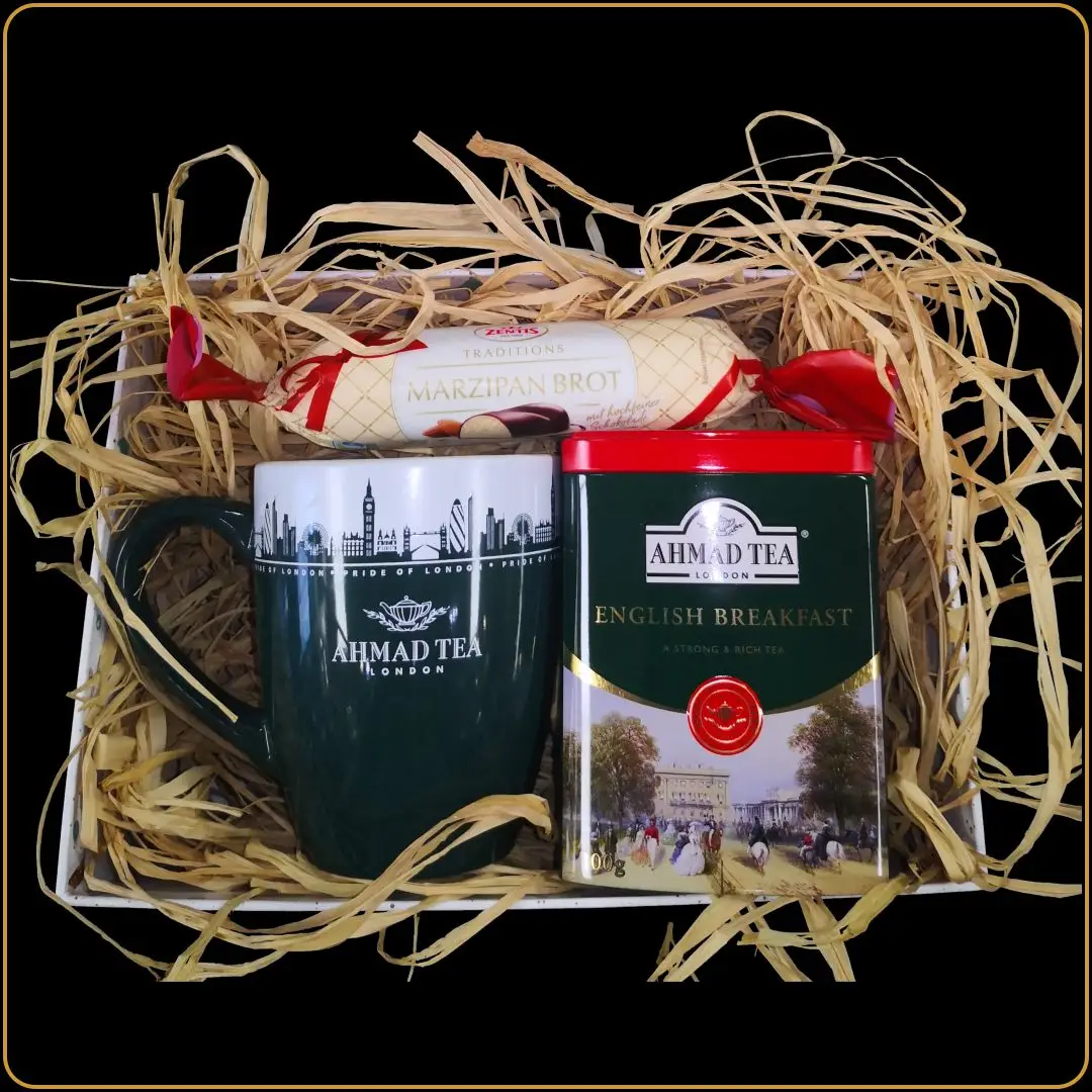 set ahmad sa cajem soljom i marcipanom u poklon kutiji