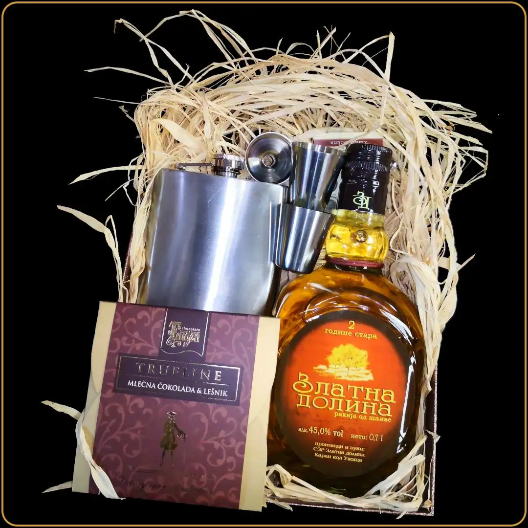 poklon set sa rakijom zlatna dolina i čokoladom