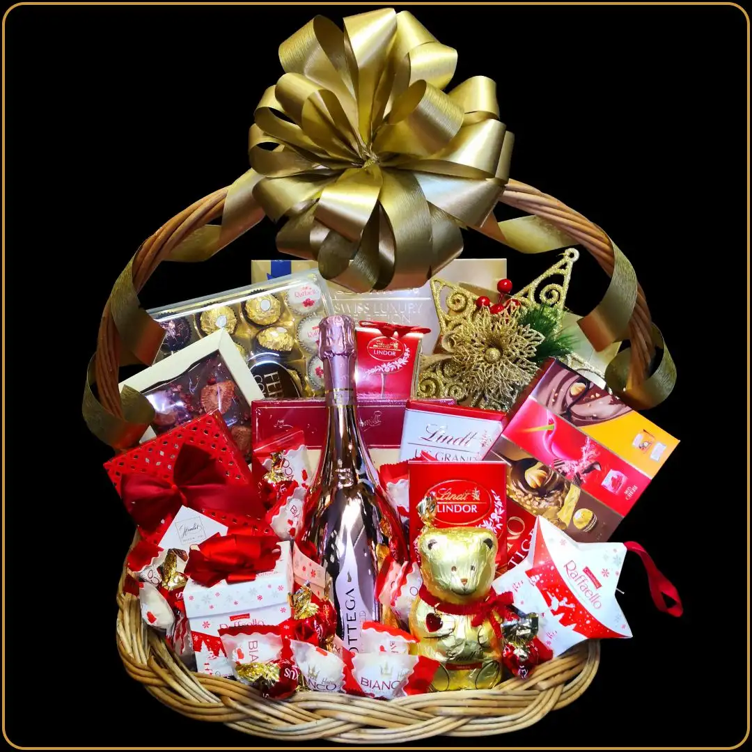 novogodisnji poklon bottega rose sa luksuznim cokoladama i sampanjcem za nju