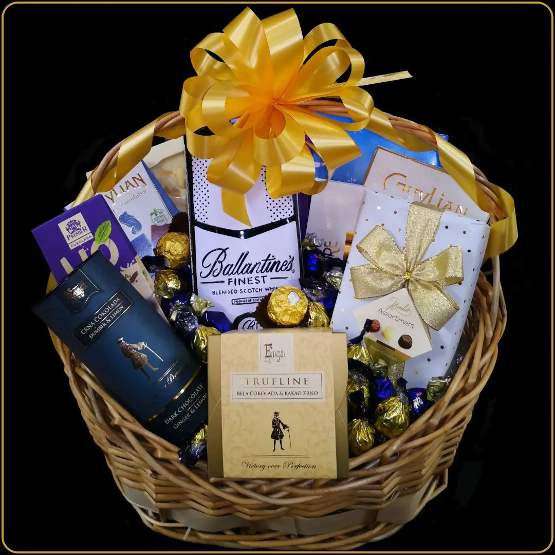 poklon korpa sa ballantines tin viskijem i belgijskim cokoladama