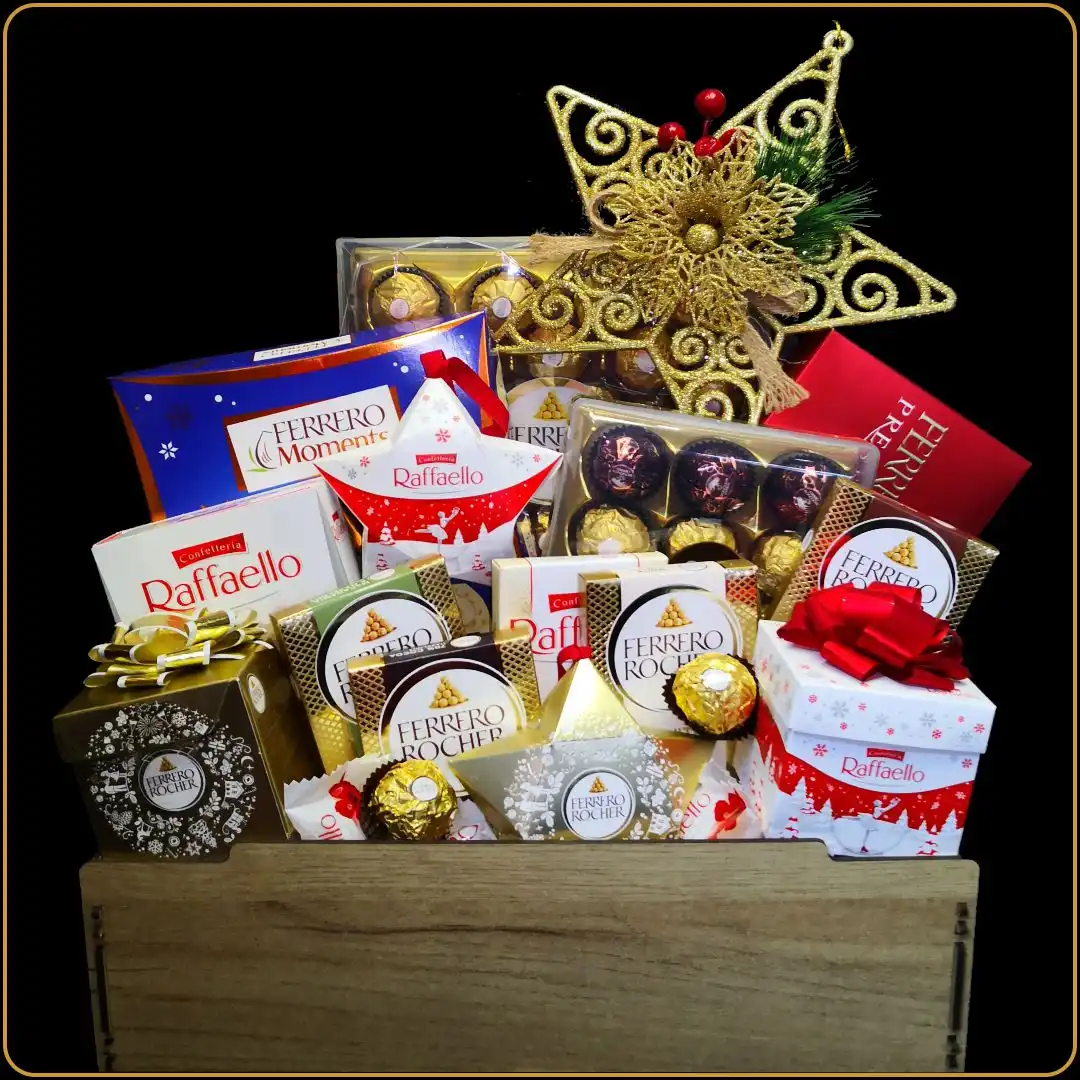 novogodišnji poklon ferrero u ukrasnoj gajbici sa čokoladama