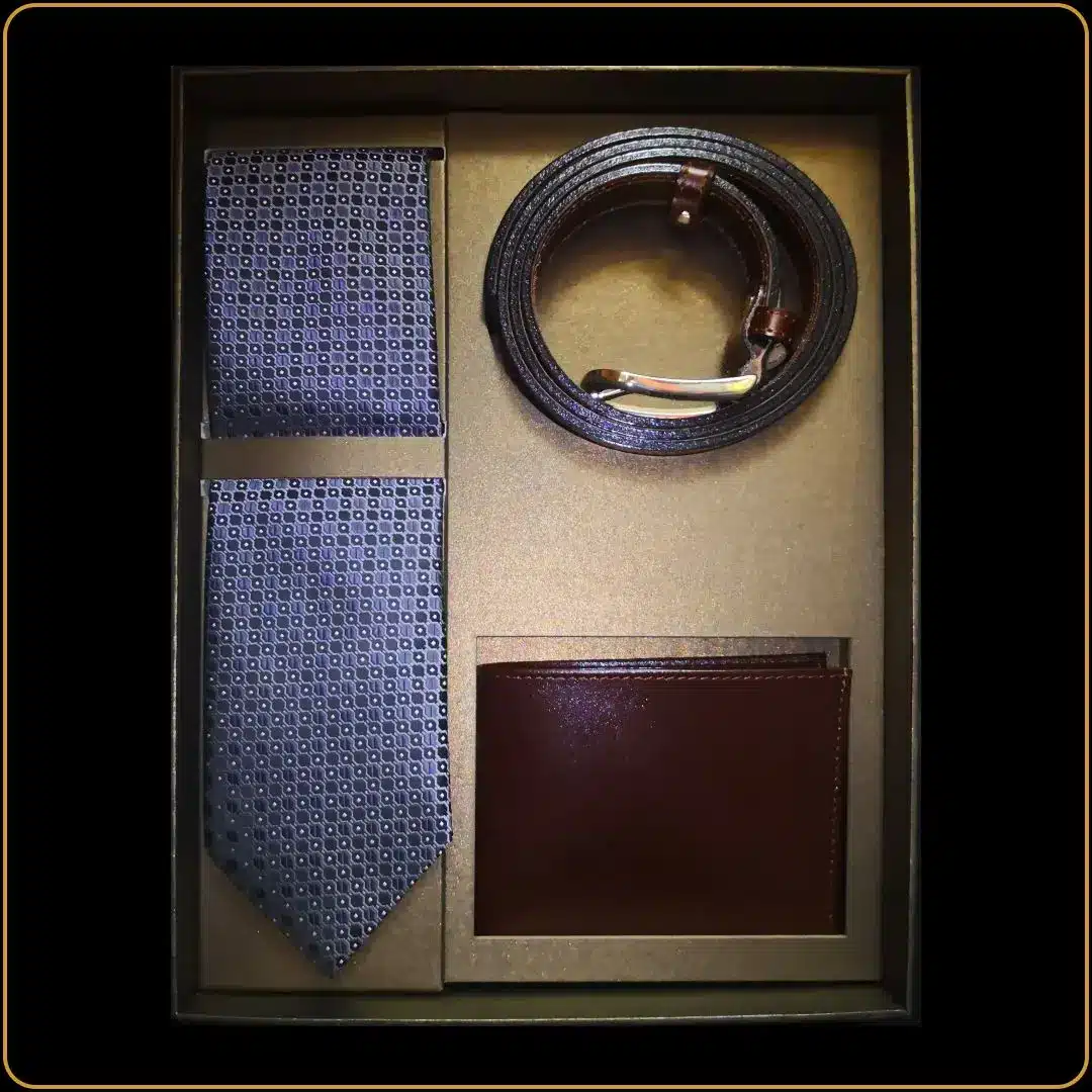 plavi muški poklon set kravata kaiš novčanik