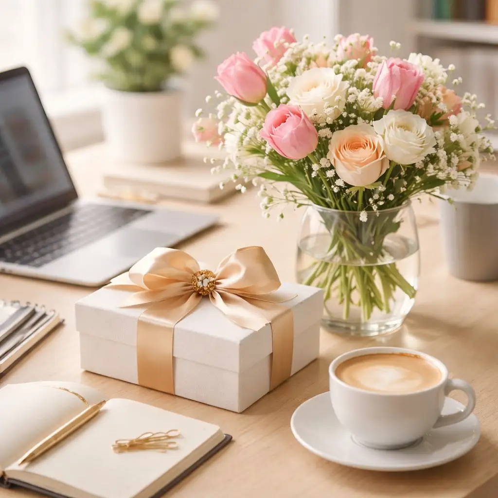 poklon za koleginicu u kancelariji za Dan žena – elegantna pažnja na radnom stolu