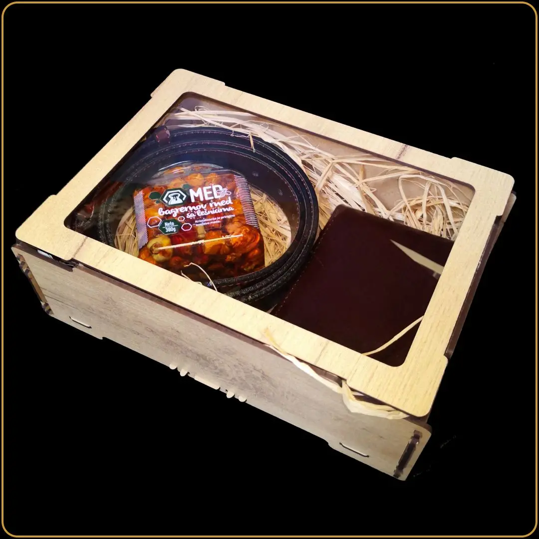 poklon za muza gajbica medeni novcanik kais i med