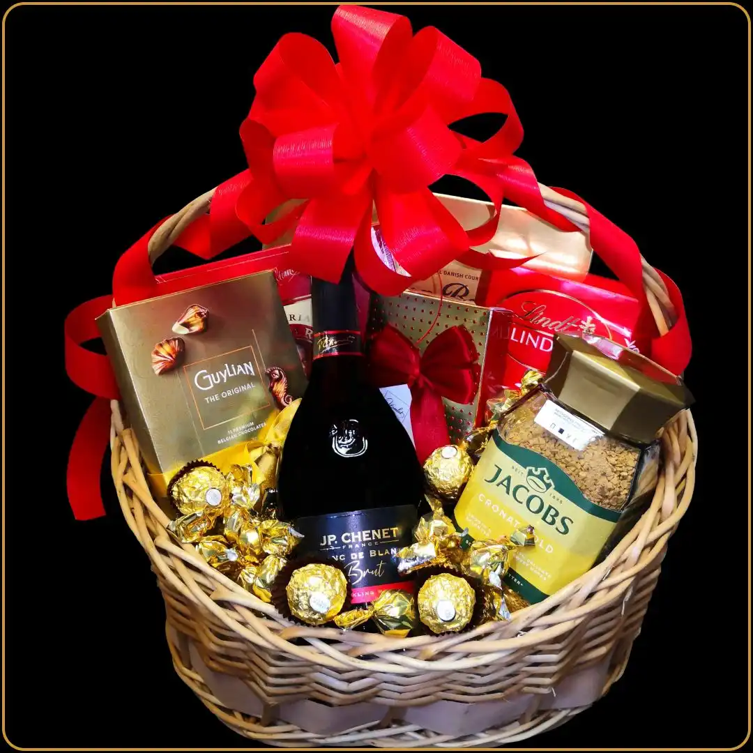 poklon korpa sa jp chenet brut penušavim vinom kafom i čokoladama