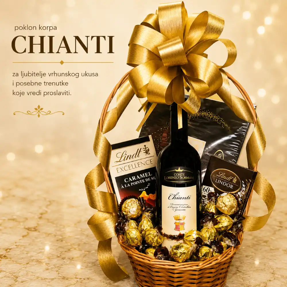 poklon korpa chianti sa vinom i čokoladama