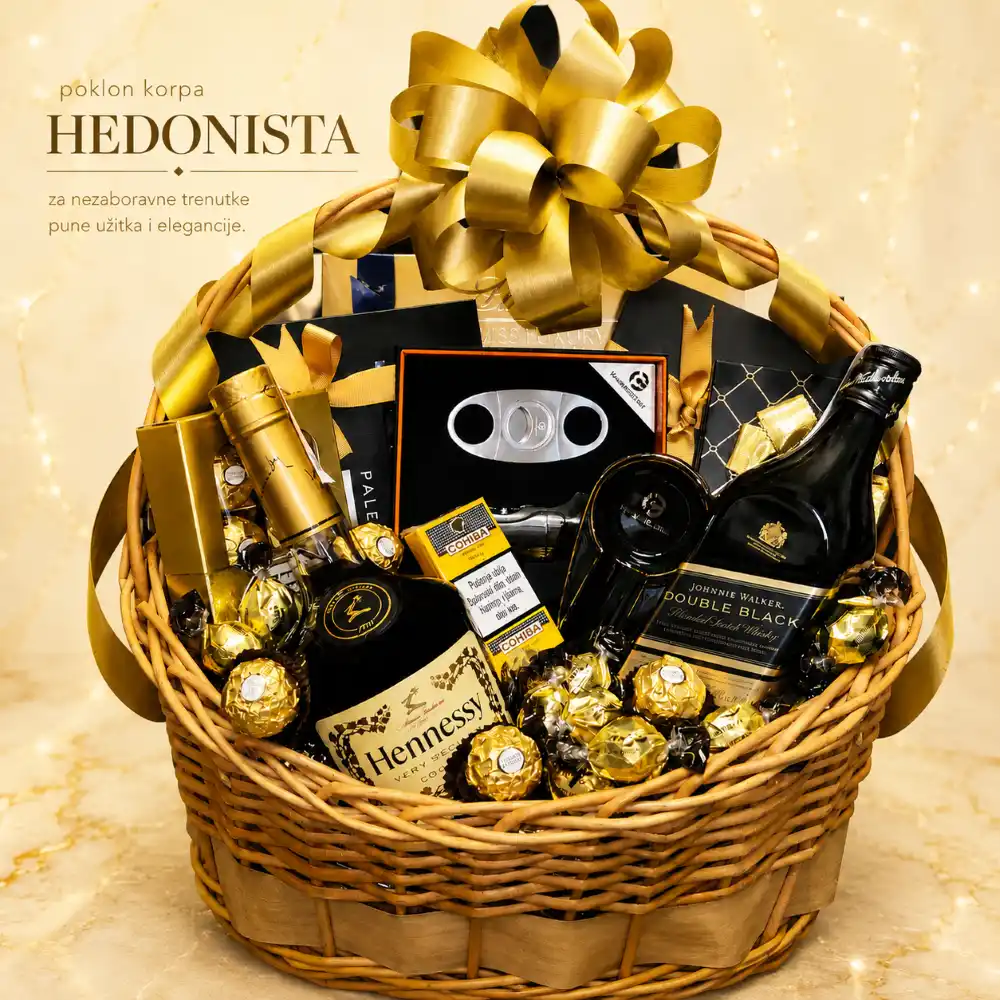 poklon korpa hedonista sa viskijem, čokoladama i premium detaljima