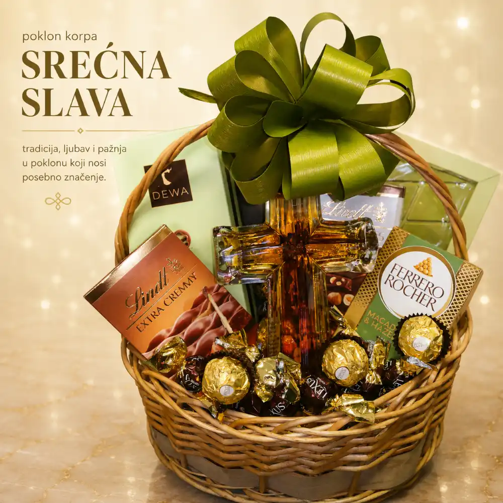 poklon korpa srećna slava sa pićem i slatkišima