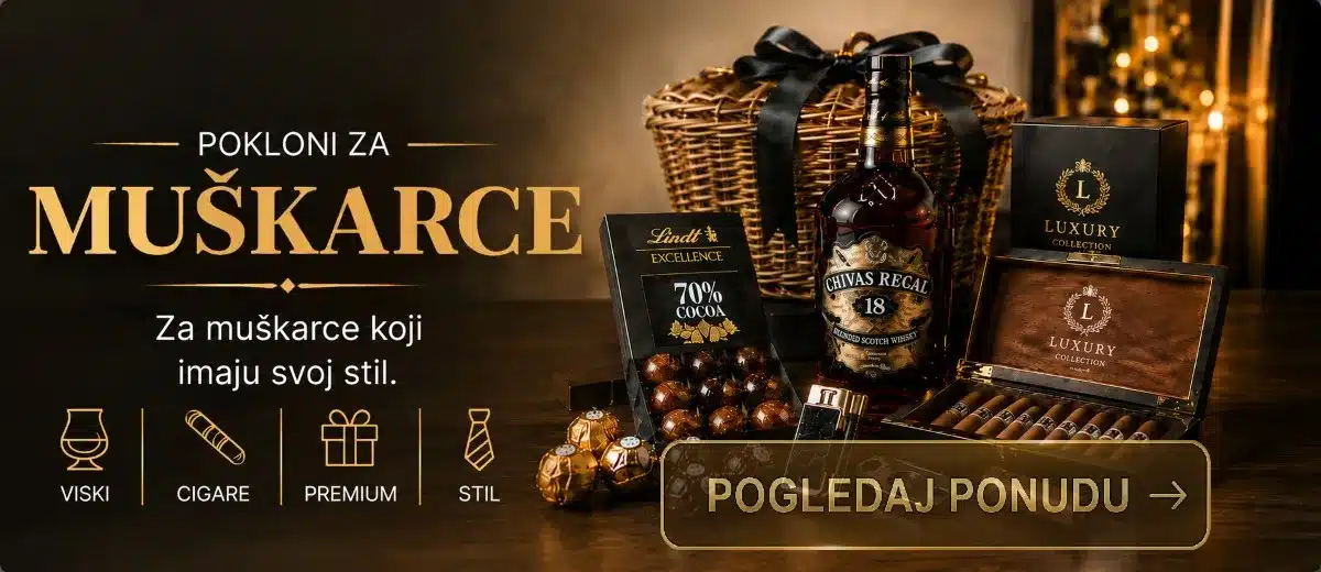 pokloni za muškarce sa viskijem, vinom i poklon korpama