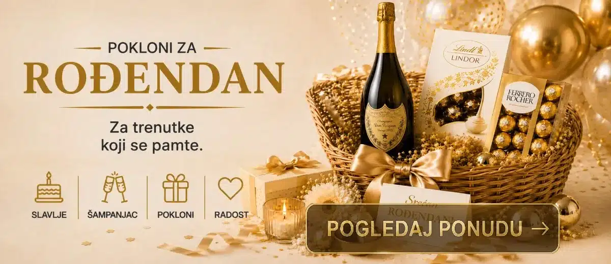 poklon korpe za rođendan sa slatkišima i vinom