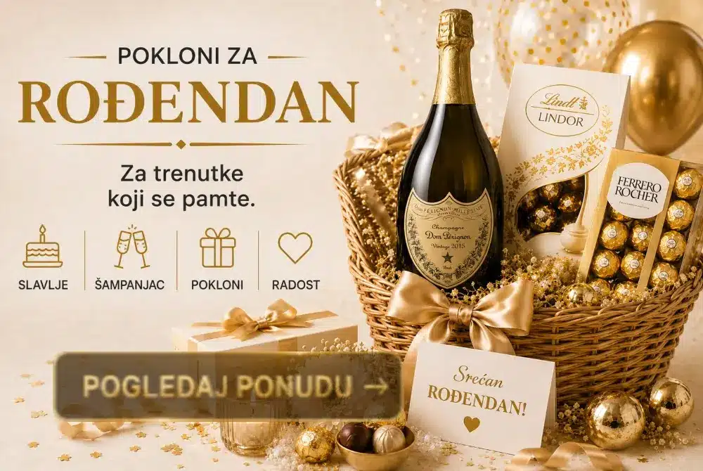 poklon korpe za rođendan sa čokoladama i šampanjcem