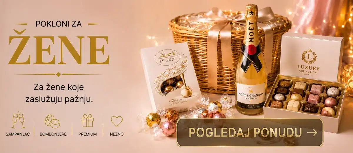 pokloni za žene sa vinom, čokoladama i poklon korpama