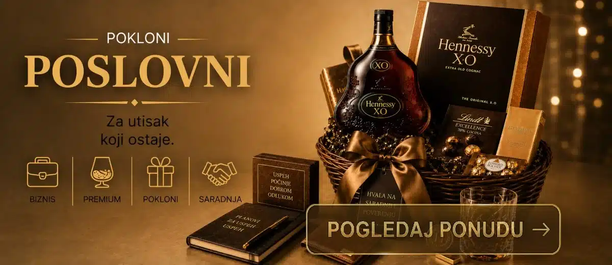 poslovni pokloni sa konjakom, čokoladama i poklon korpom
