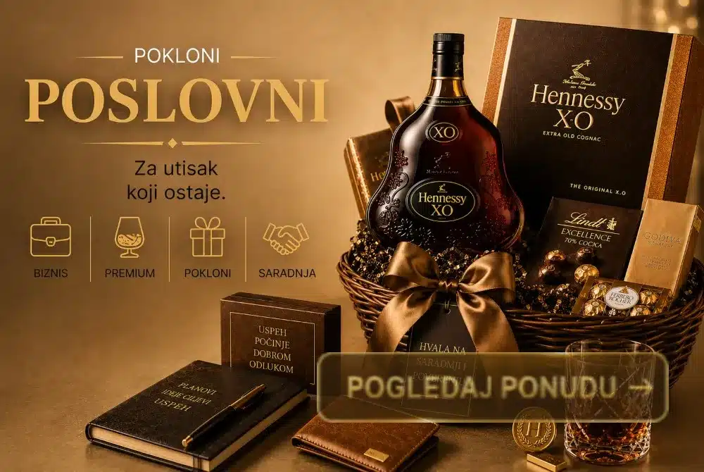 poslovni pokloni sa konjakom, čokoladama i poklon korpama