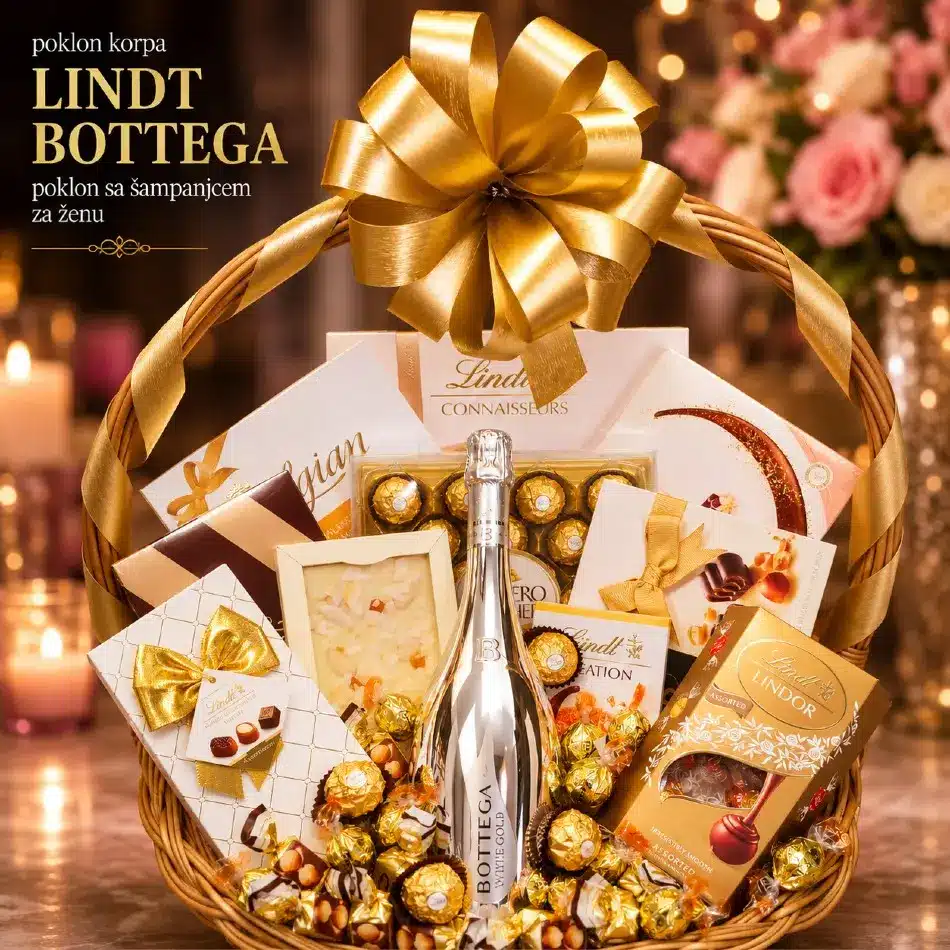 poklon sa šampanjcem za ženu korpa lindt bottega