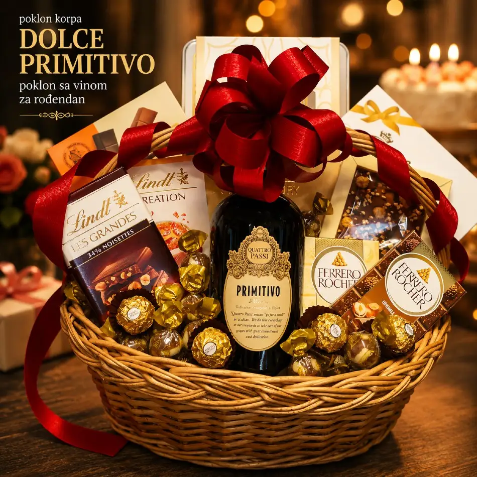 poklon sa vinom za rođendan korpa dolce primitivo