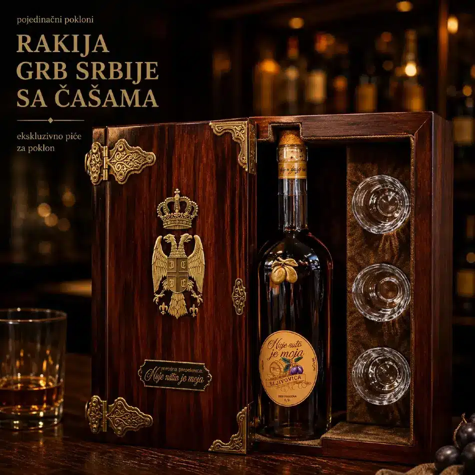 rakija Grb Srbije sa čašama kao ekskluzivno piće za poklon