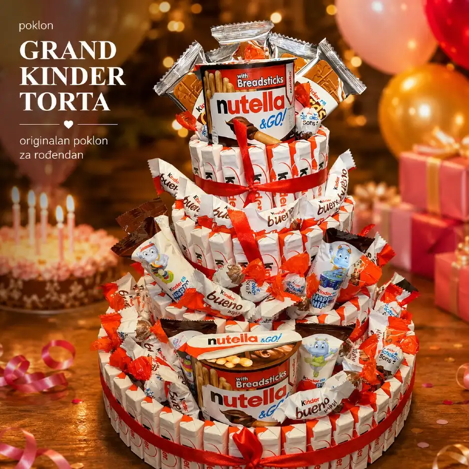 Grand Kinder torta kao originalan poklon za rođendan sa Kinder slatkišima