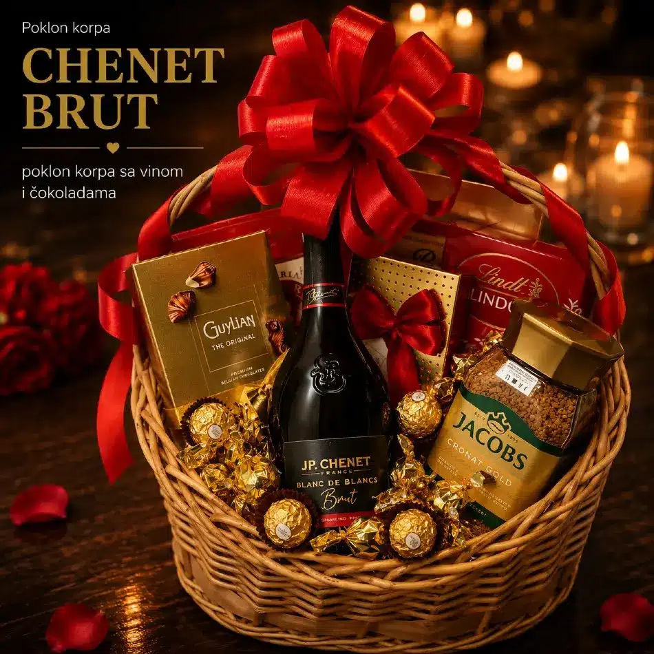 poklon korpa chenet brut sa penušavim vinom i čokoladama do 20000 din