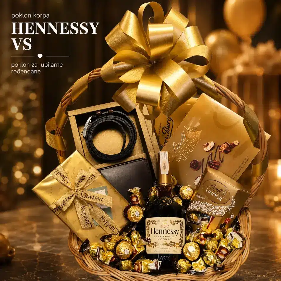 Poklon korpa Hennessy VS za jubilarni rođendan sa konjakom i čokoladama