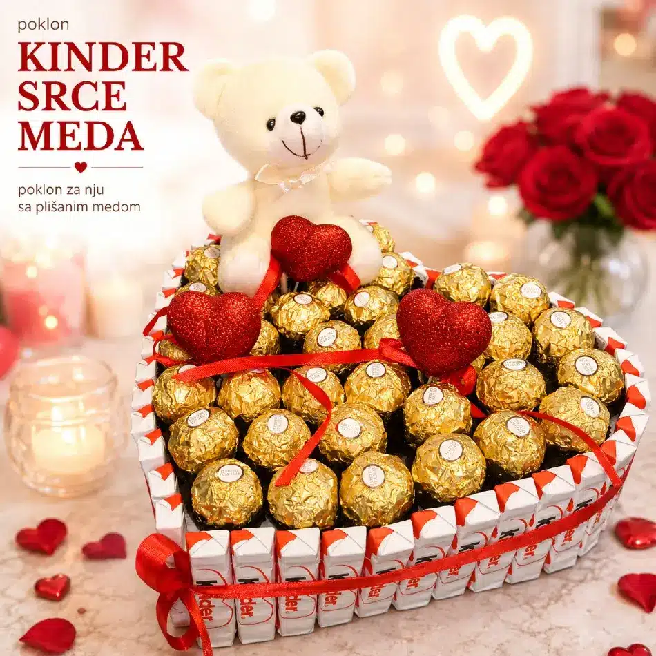 poklon sa kinder čokoladama i plišanim medom