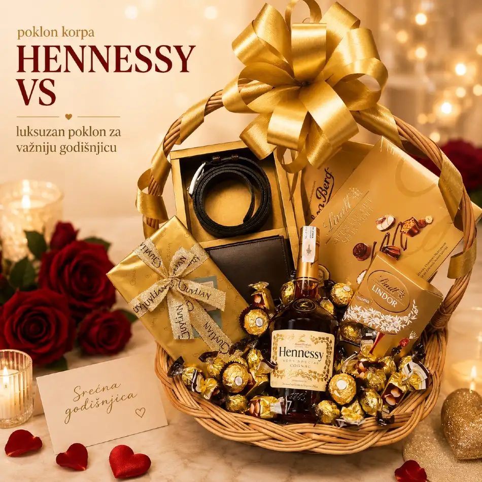 Poklon korpa Hennessy VS za važniju godišnjicu sa konjakom, kožnim kaišem, novčanikom i čokoladama