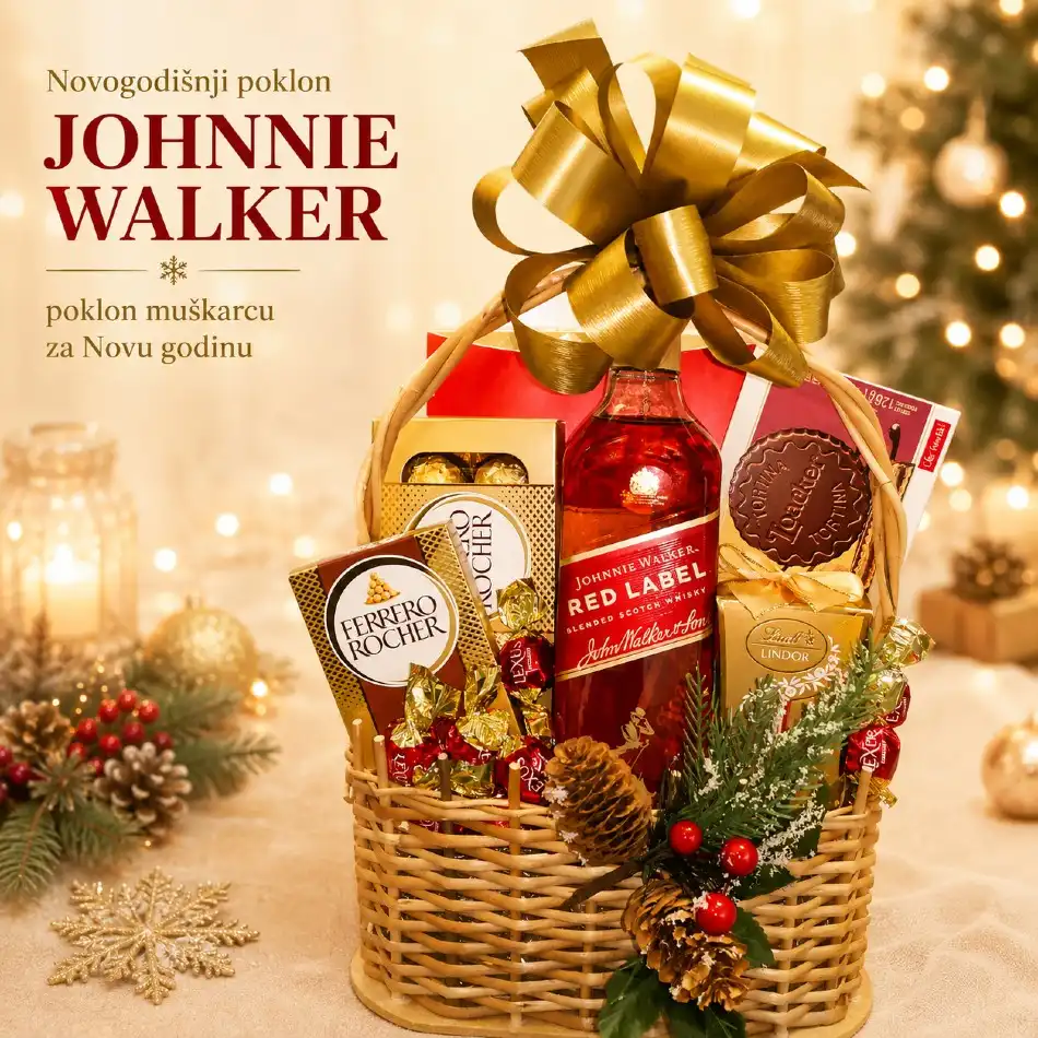 Novogodišnji poklon Johnnie Walker u korpi sa viskijem i čokoladama