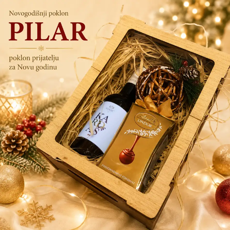 Novogodišnji poklon Pilar u drvenoj gajbici sa vinom i Lindt čokoladom